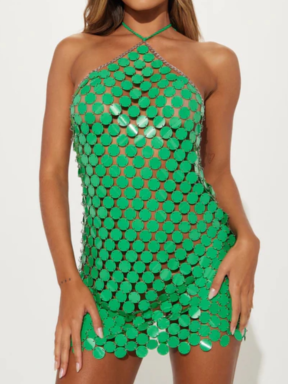 Fashion Nova Green Sequin Chainmail Halter Backless Mini Dress